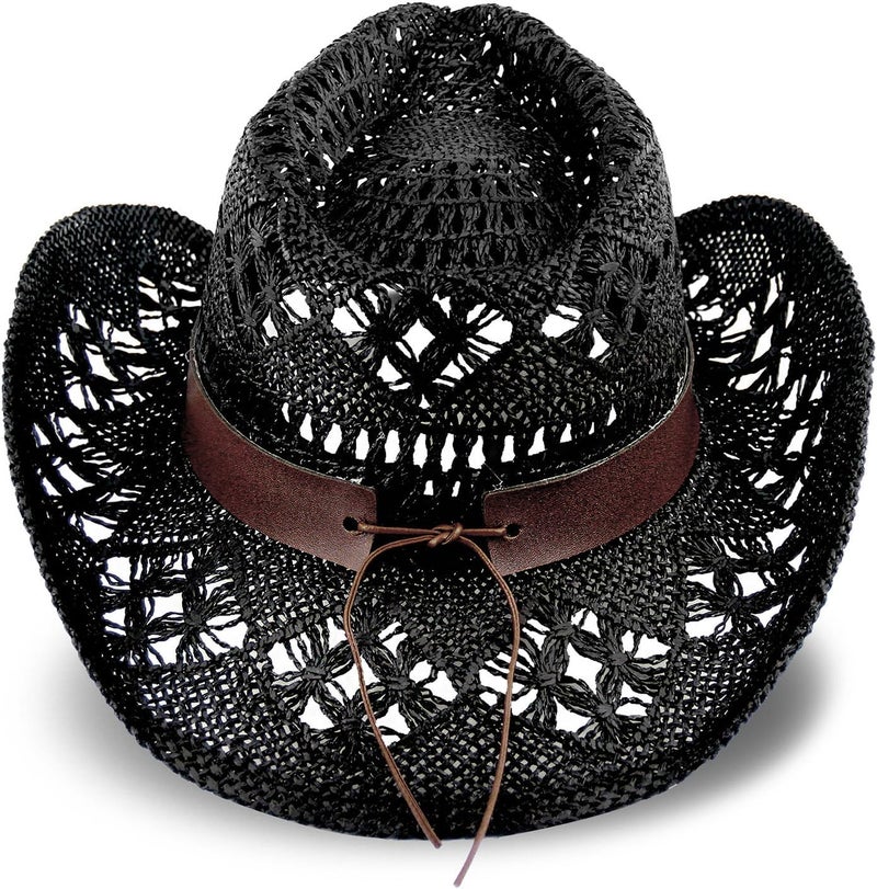 Foeran Men's Women's Straw Cowboy Hat Cowgirl Woven Sun Hat Western Cowboy Hat Two Decorative Bands - Image 3